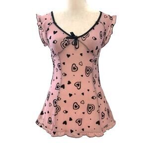 Y2K Pink Mesh Black Heart Print Babydoll Sleep Dress Small